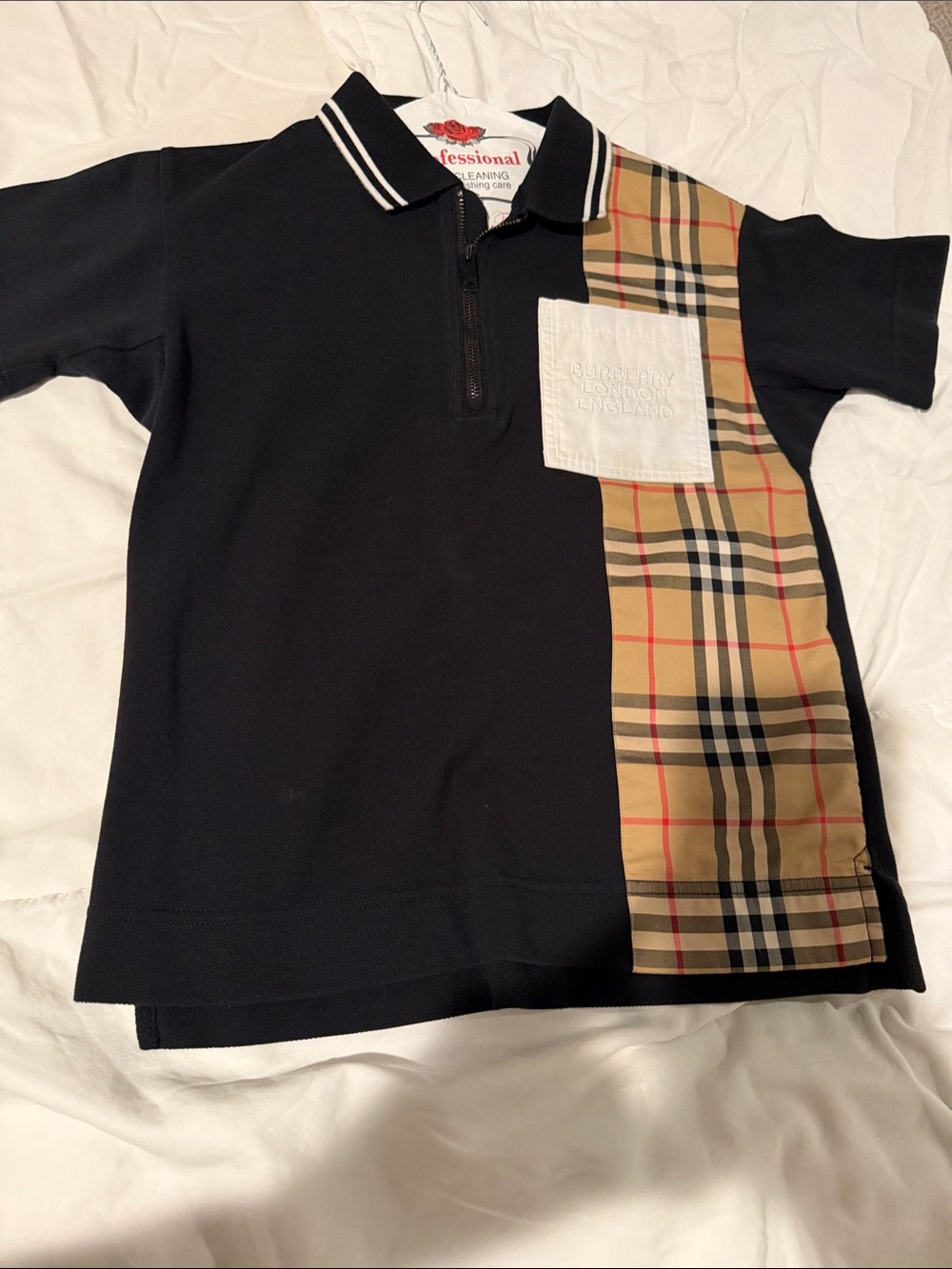 Burberry Black Polo with Beige Vintage Check Stripe and White Pocket